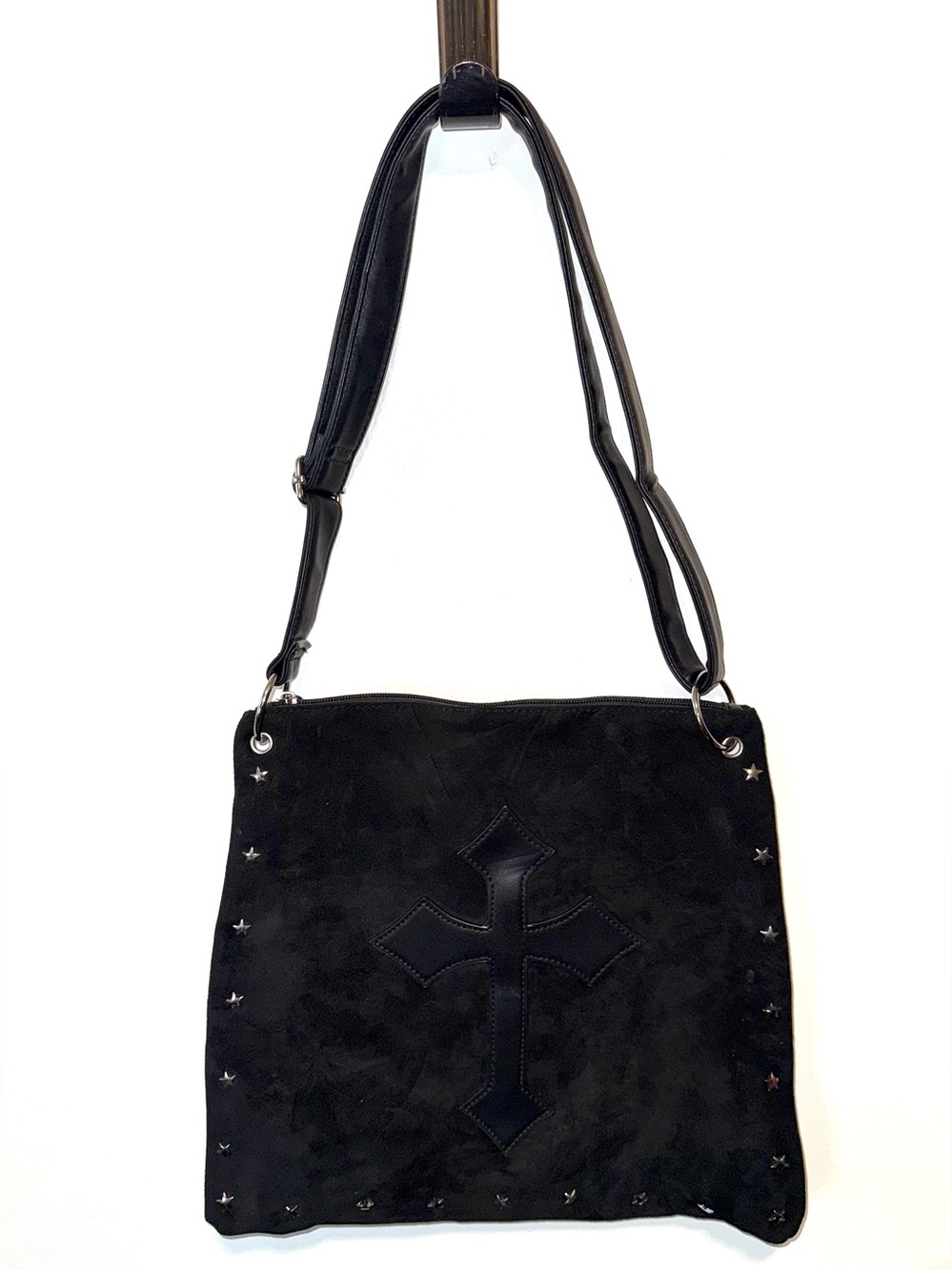 Black Faux Suede Cross Accent Shoulder Bag